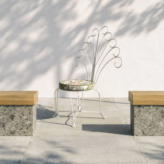 Plume Outdoor Cushion by TIBA-TIBA – White Plume Chair with White Garden Plume Outdoor Cushion in minimalist white and wood outdoor setting.
