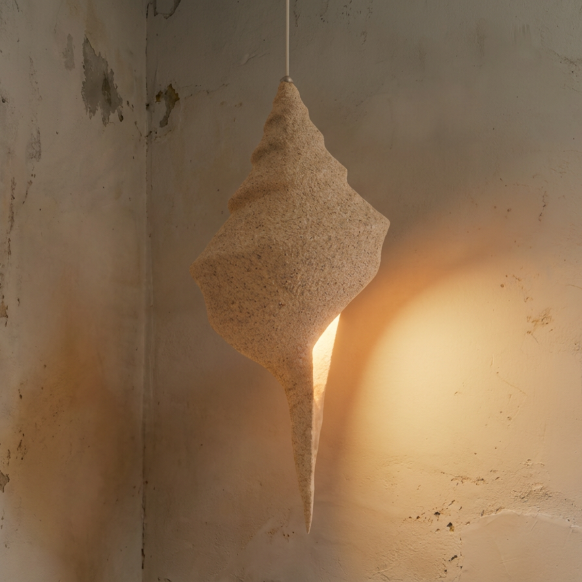 Keong Pendant Light by TIBA-TIBA - sand coated fibreglass resin conch seashell pendant lamp hanging in rustic corner.