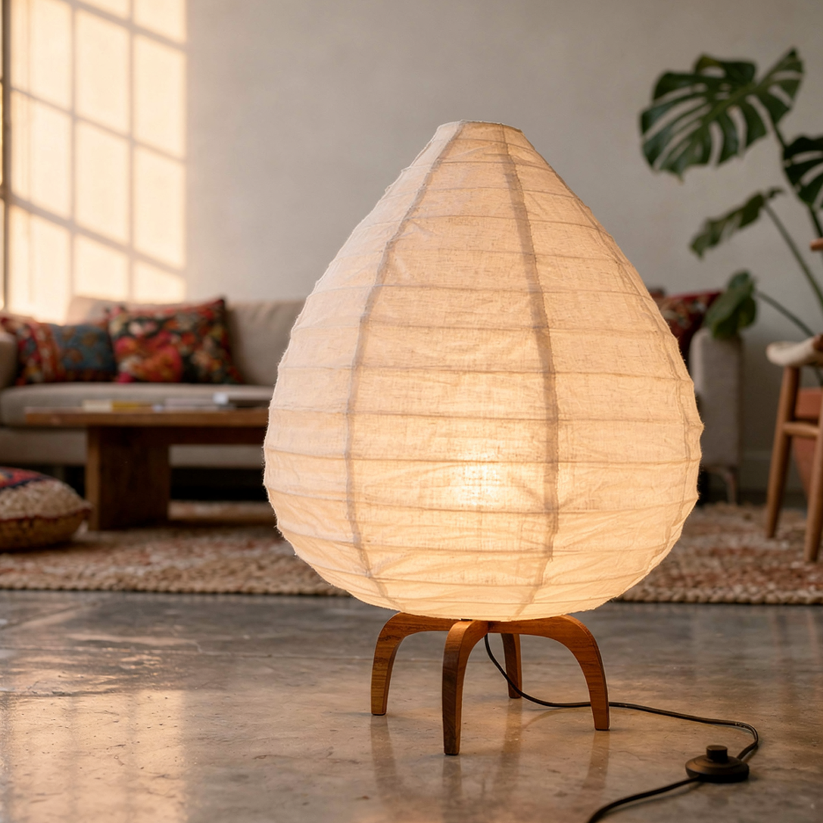 Alien Floor Lamp by TIBA-TIBA – Japanese minimalist floor lamp with off-white linen lampshade on mid-century modern style wood legs in warm, artist loft living room.