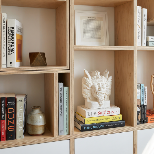 Barong Sculpture by TIBA-TIBA – hand-cast white concrete Balinese Barong bookend sculpture on a modern plywood bookshelf.