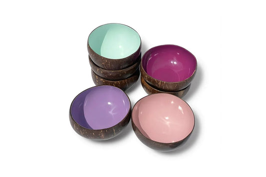 Dots Coloured Coconut Bowls by TIBA-TIBA. Group of 8 bowls in purple, pink, magenta and mint green colours