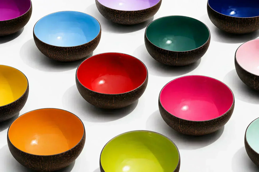 Collection of colourful, glossy DOTS coconut bowls by TIBA-TIBA on a white background 