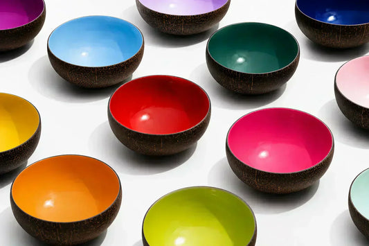 Collection of colourful, glossy DOTS coconut bowls by TIBA-TIBA on a white background 