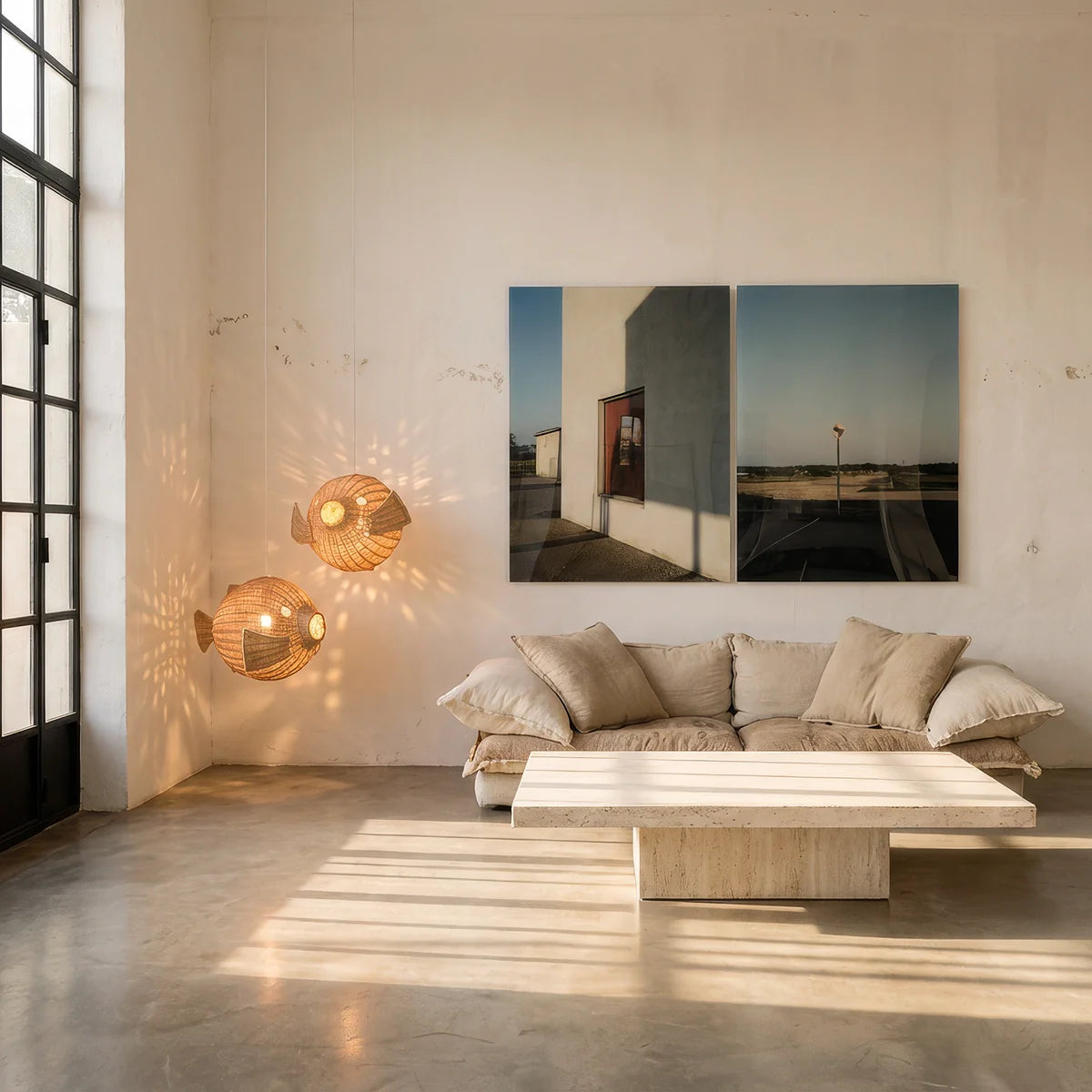 Lighting Collection by TIBA-TIBA featuring rattan fish shaped pendant lamps, a sand-coated fibreglass conch shell pendant light and a teak and linen Japanese-style Floor Lamp in a minamalist white and light wood interior.