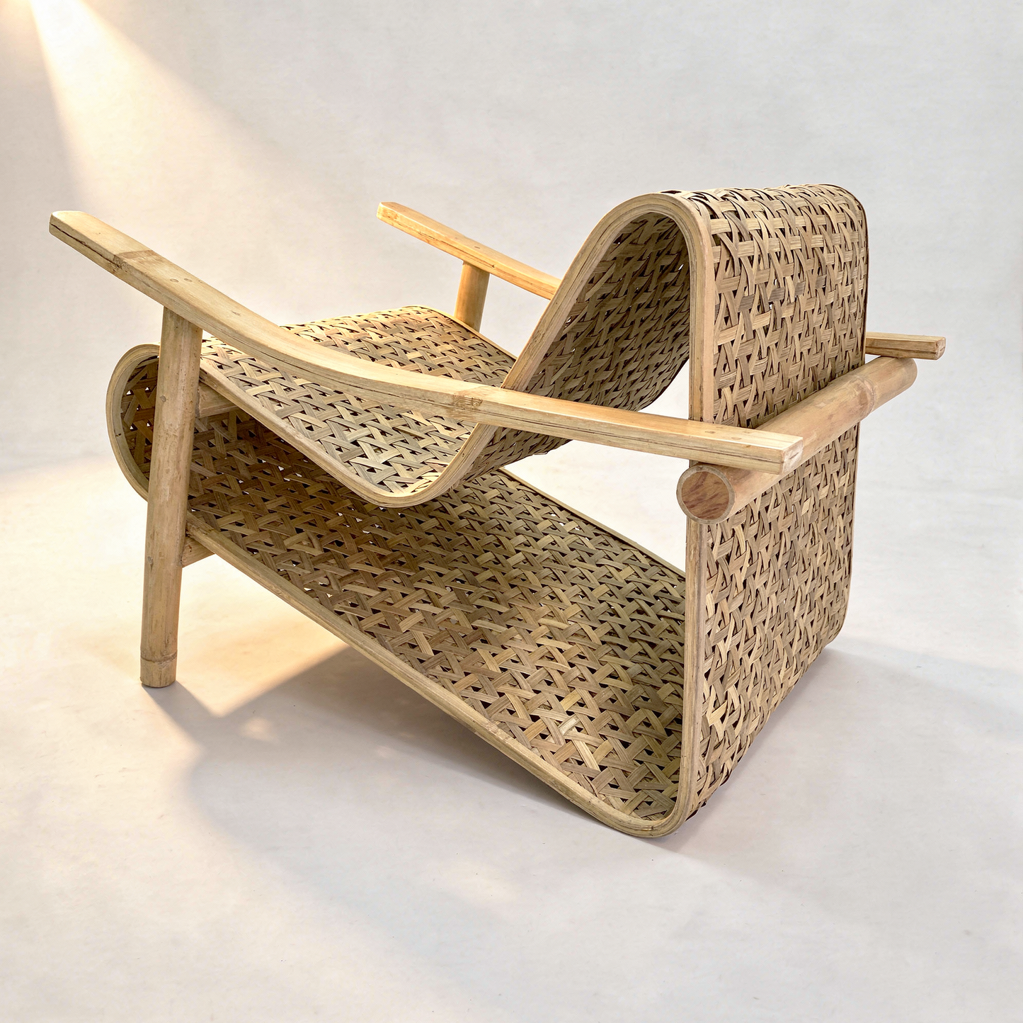 Koo-Boo Lounge Chair by TIBA-TIBA – modern bamboo chair with woven bamboo seat, laminated bamboo arms, big bamboo support. 