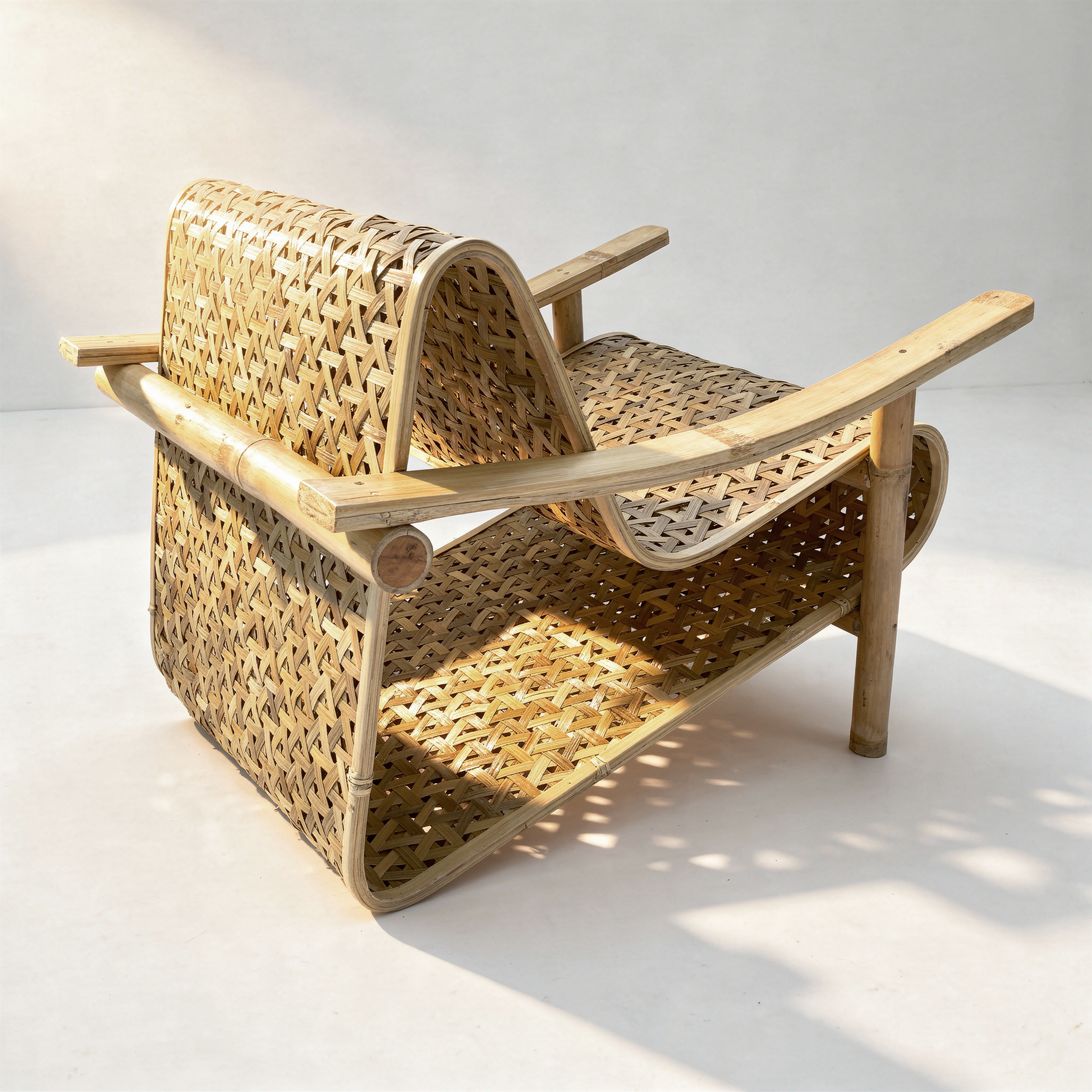 Koo-Boo Lounge Chair by TIBA-TIBA – modern bamboo lounge chair with woven triangle bamboo, Bali interior design, unique bamboo lounge chair. 