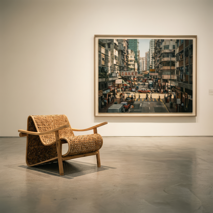 Koo-Boo Lounge Chair by TIBA-TIBA – modern, minimalist bamboo lounge chair with laminated bamboo frame, bamboo triangle mesh seat in modern white art gallery with Hong Kong oil painting in background. 