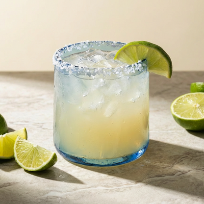 Tube Short Tumbler by TIBA-TIBA – sustainable, recycled, hand-blown, Bali-made blue tumbler glass with lime margarita.