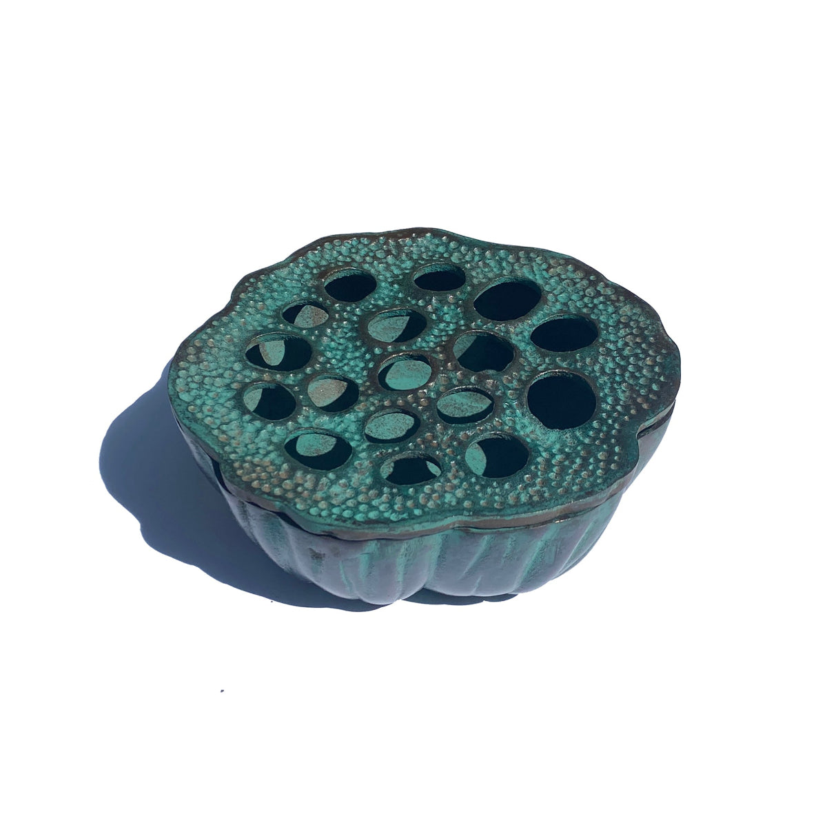 Lotus Pod Ashtray by TIBA-TIBA – sculptural bronze ashtray in antique green finish, sculptural interior décor piece.