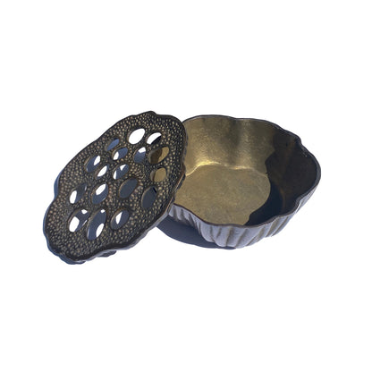 Lotus Pod Ashtray by TIBA-TIBA – Sculptural solid bronze incense burner bohemian décor piece with removable cover. 
