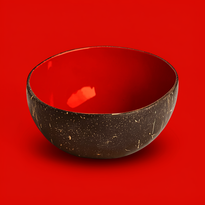 Dots Coconut Bowls by TIBA-TIBA – Flame Red coloured coconut bowl on red background. Tropical breakfast smoothie bowl with food-safe paint and glossy bio-varnish finish.