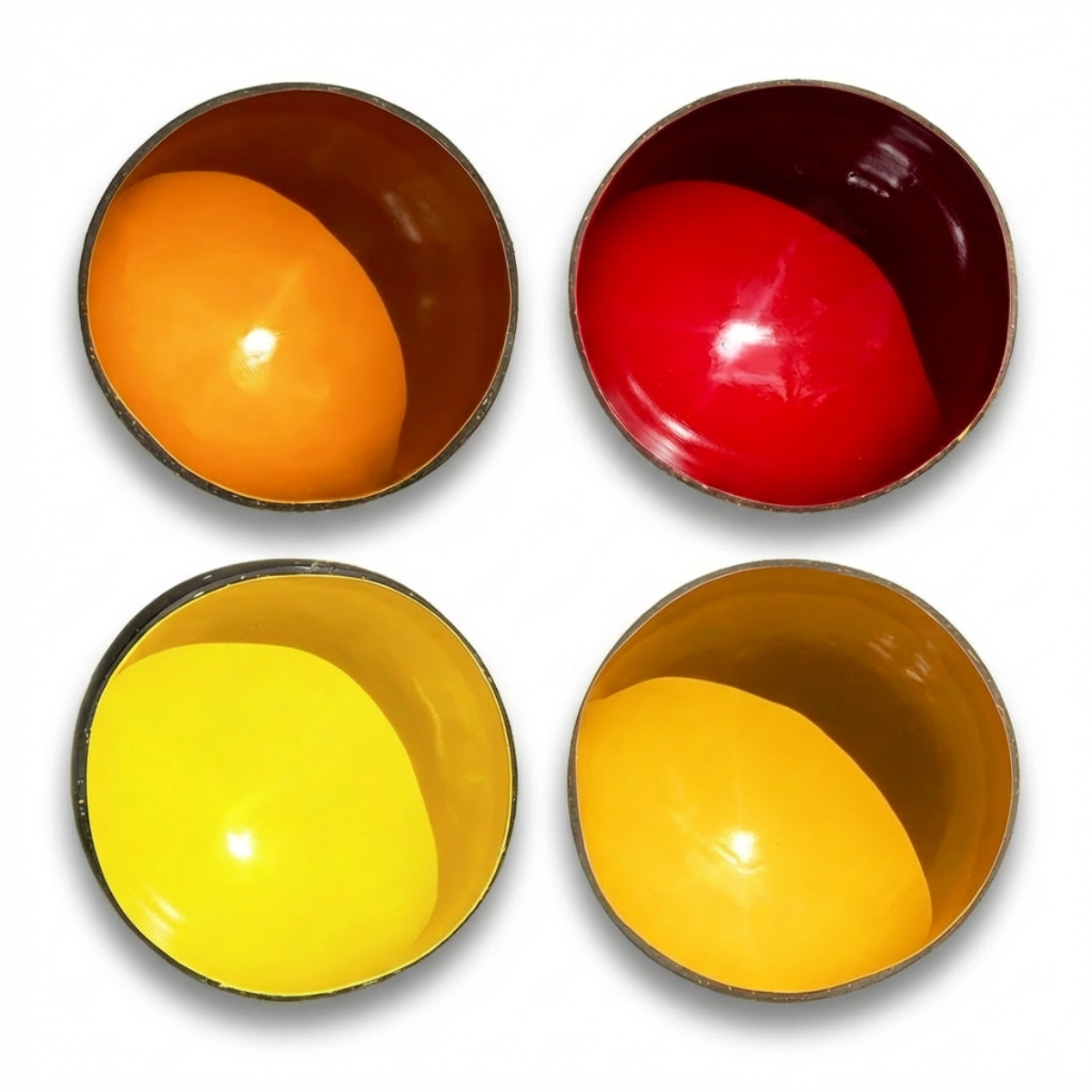 Dots 4 Pack Fire Palette by TIBA-TIBA - Four Bali coconut shell smoothie bowls in red and orange colours made with FDA approved, food-safe paint.