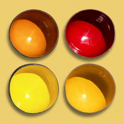 Dots 4-Pack Fire Palette by TIBA-TIBA - Four organic coconut bowls in red and orange colours made with non-toxic, food-safe paint.