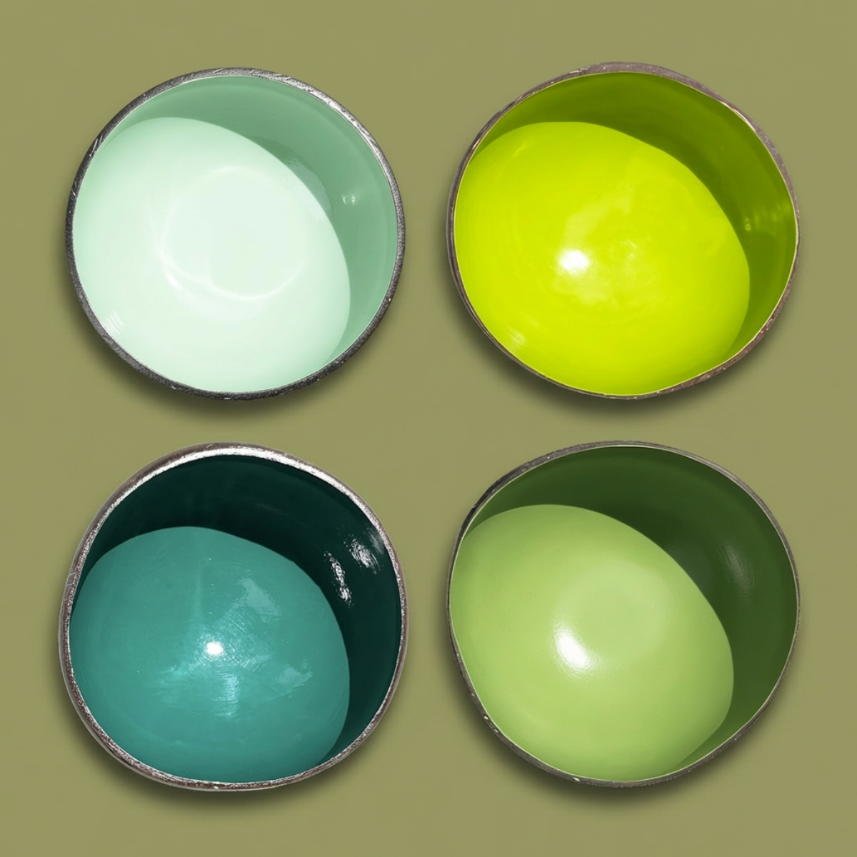 Dots 4 Pack Forest Palette by TIBA-TIBA - Four all natural, recycled coconut bowls in shades of green made with non-toxic, food-safe paint.