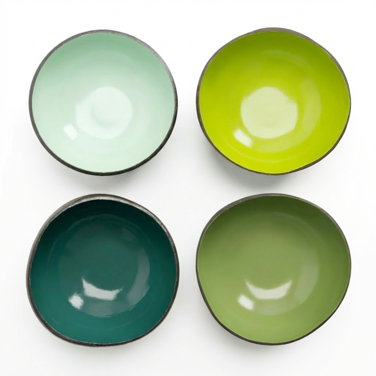 Dots 4 Pack Forest Palette by TIBA-TIBA - Four Bali coconut shell bowls in shades of green made with food-safe paint and bio-varnish