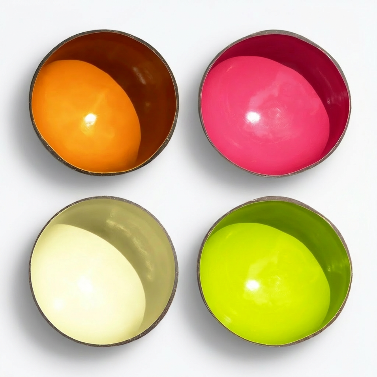 Dots 4 Pack Fruit Palette by TIBA-TIBA - 4 coloured coconut bowls in tropical fruit colours made with food safe paint.