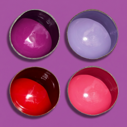 Dots 4 Pack Lipstick Palette by TIBA-TIBA – Four painted natural coconut bowls in Purple, Rose, Ruby, and Violet colours made in Indonesia. 