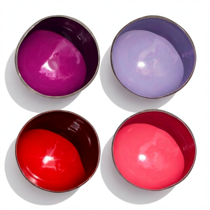 Dots 4 Pack Lipstick Palette by TIBA-TIBA - Four coconut shell smoothie bowls in red and violet tones made with non-toxic, food-safe paint.