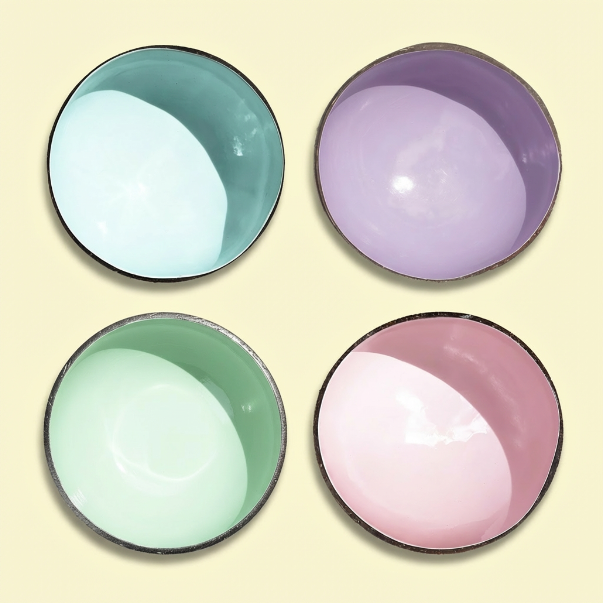 Dots 4-Pack Pastel Palette by TIBA-TIBA - Four coconut shell breakfast smoothie bowls in pastel colours made with non-toxic, food-safe paint in Bali.
