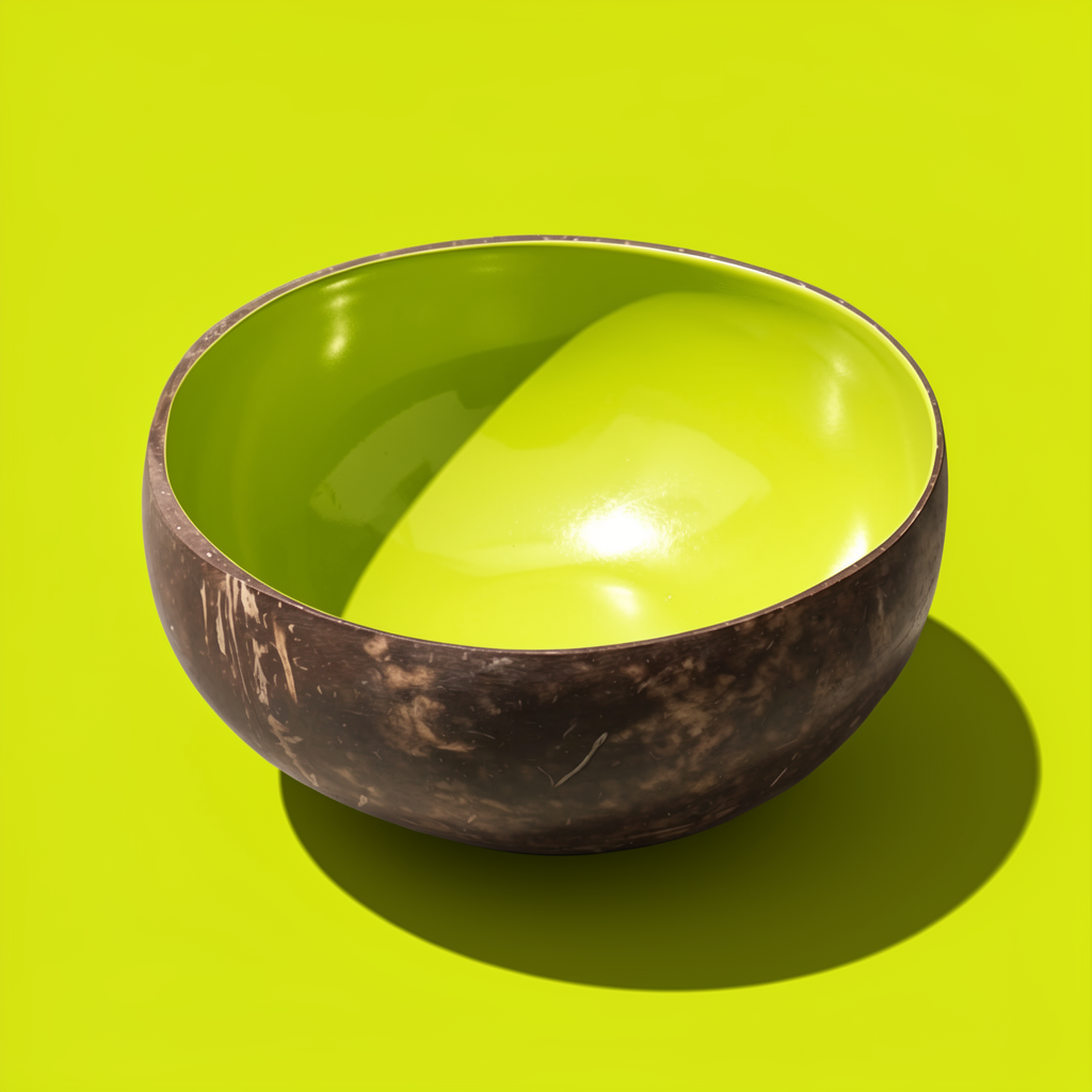 Dots Coloured Coconut Bowls by TIBA-TIBA – Acid green coloured coconut bowl on acid green colour background, made in Bali for tropical coloured smoothie bowl. 