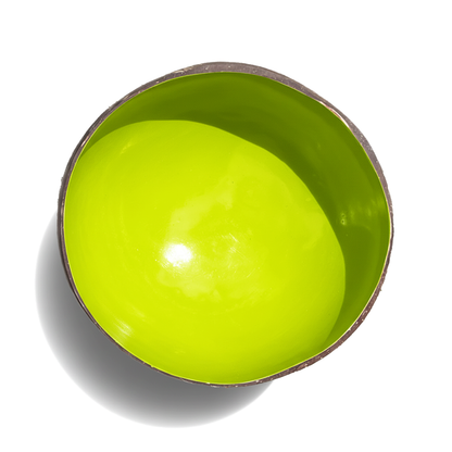 Dots Coloured Coconut Bowls by TIBA-TIBA – Acid Green painted coconut bowl, modern, artist designed all-natural bowl, top view