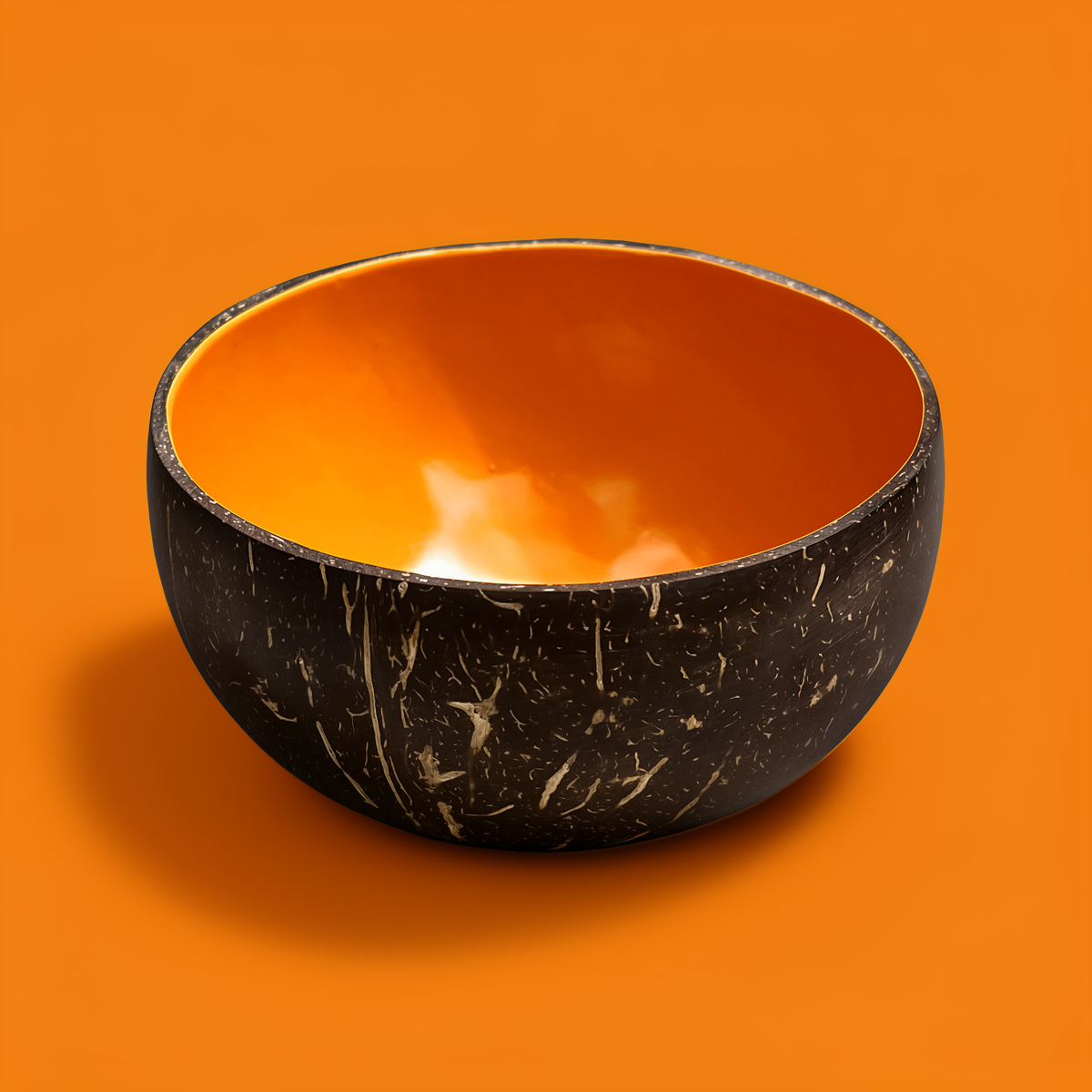 Dots Coloured Coconut Bowls by TIBA-TIBA – Apricot coloured coconut bowl on orange background. Tropical breakfast Buddha bowl. 