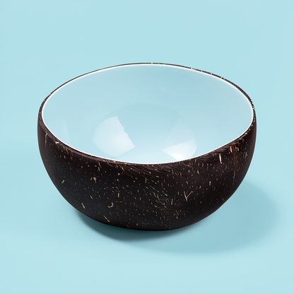 Dots Coloured Coconut Bowls by TIBA-TIBA – Pale blue coloured coconut bowl on mint blue background for colourful tableware. 