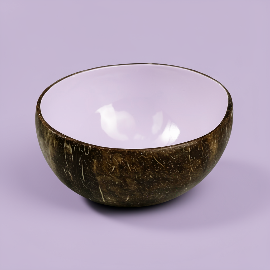 Dots Coloured Coconut Bowls by TIBA-TIBA – Light violet coloured coconut bowl on pale purple background, Indonesian made tropical smoothie bowl. 