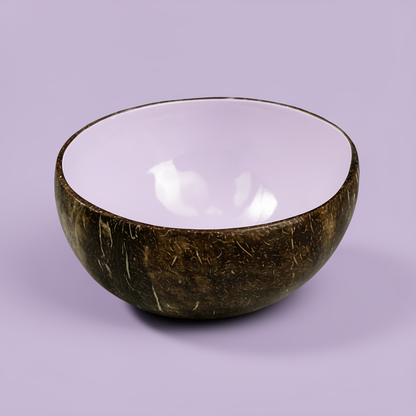 Dots Coloured Coconut Bowls by TIBA-TIBA – Light violet coloured coconut bowl on pale purple background, Indonesian made tropical smoothie bowl. 
