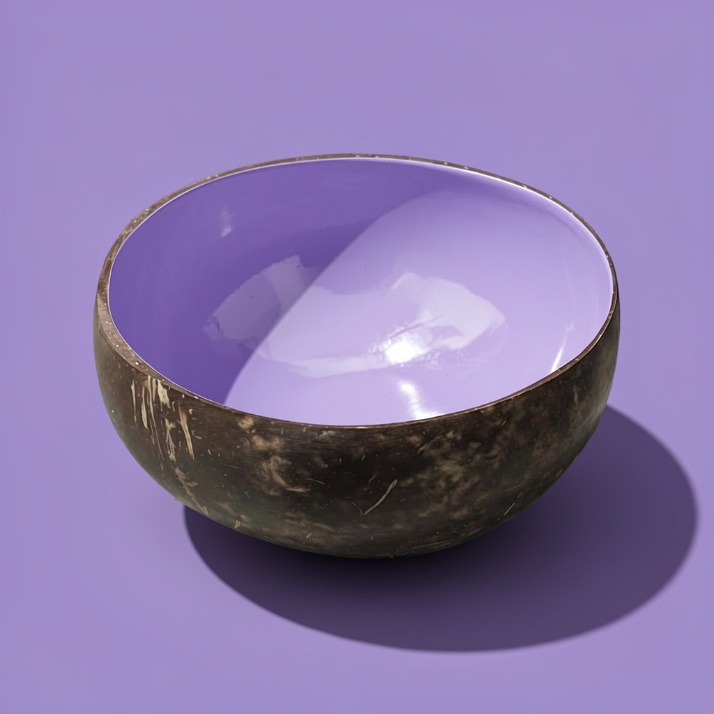 Dots Coloured Coconut Bowls by TIBA-TIBA – Lilac coloured coconut bowl on purple background.