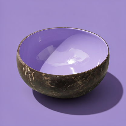 Dots Coloured Coconut Bowls by TIBA-TIBA – Lilac coloured coconut bowl on purple background.