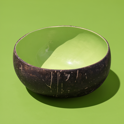 Dots Coloured Coconut Bowls by TIBA-TIBA – Lime green coloured coconut bowl on green background. Made in Bali for a tropical coloured smoothie bowl. 