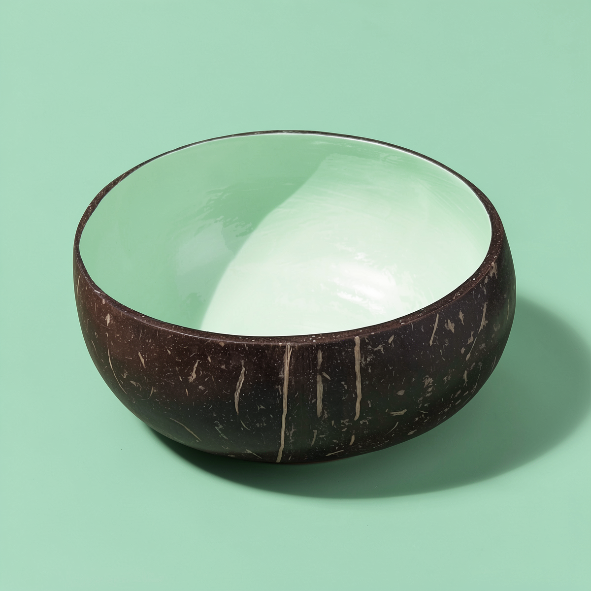 Dots Coloured Coconut Bowls by TIBA-TIBA – Mint green coloured coconut bowl on pale mint background for tropically designed dishes. 