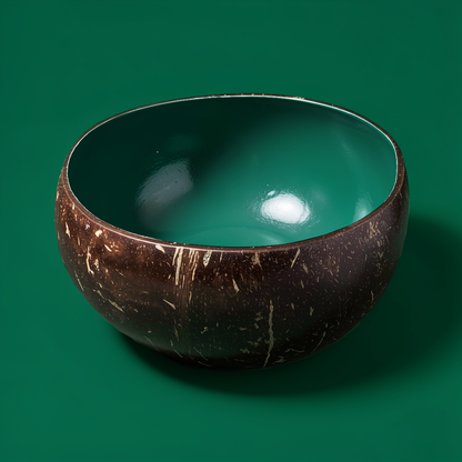 Dots Coloured Coconut Bowls by TIBA-TIBA – Pine green coloured coconut bowl on dark green background for colourfully designed dishes. 