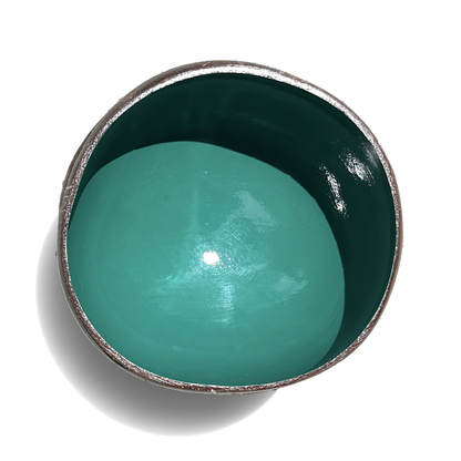 Dots Coloured Coconut Bowls by TIBA-TIBA – Pine Green coloured coconut bowl, Bali artist designed eco-bowl, top view