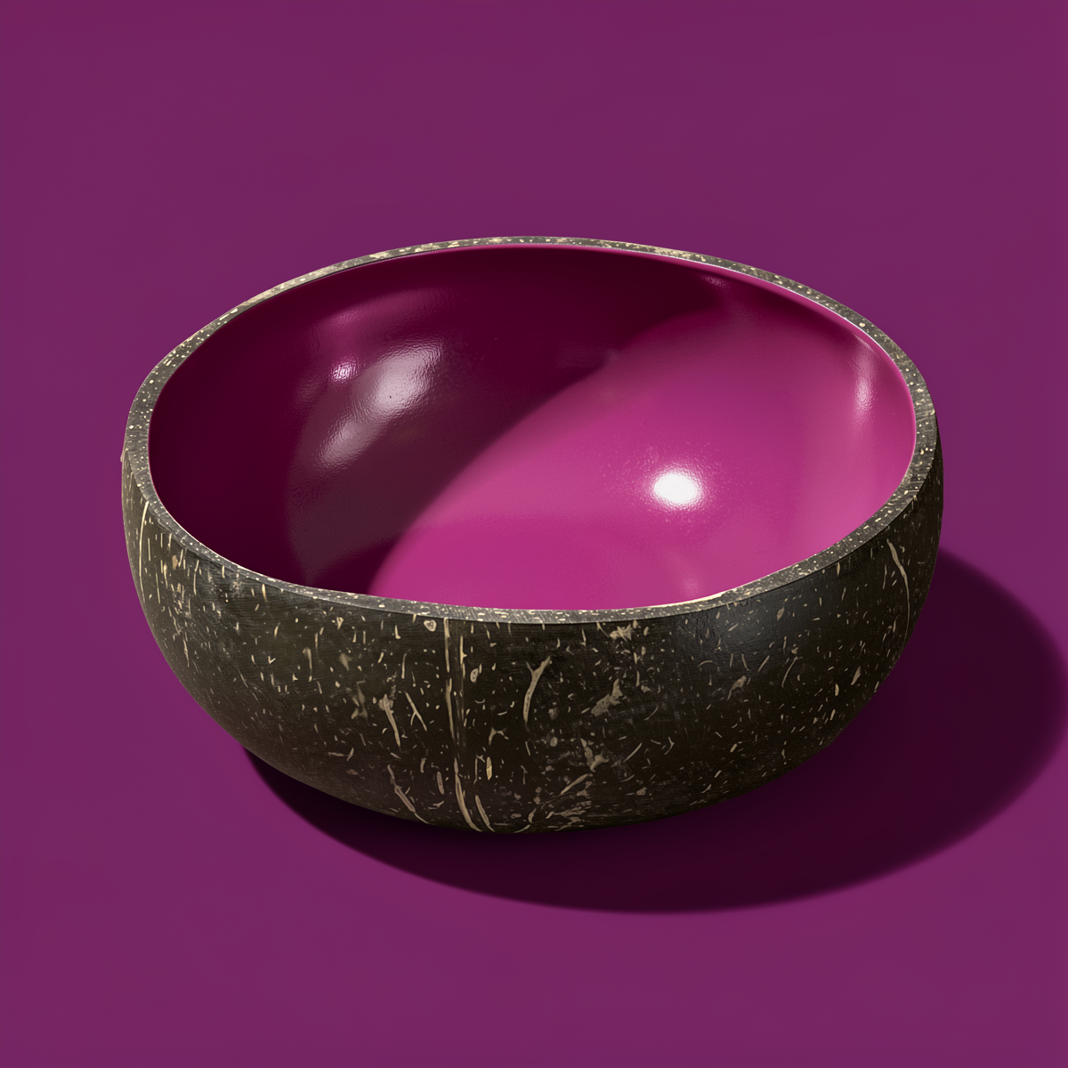 Dots Coloured Coconut Bowls by TIBA-TIBA – Raspberry purple coloured coconut bowl on purple background for tropical tableware. 