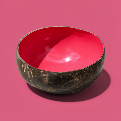 Dots Coloured Coconut Bowls by TIBA-TIBA – Rose pink coloured coconut bowl on pink background for tropical design tableware. 