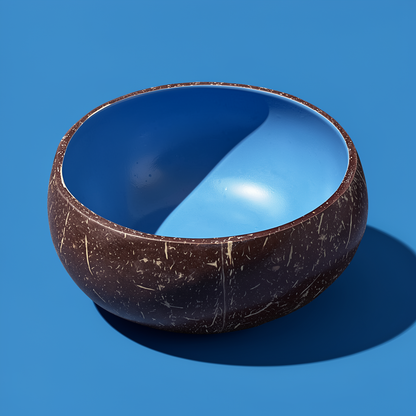 Dots Coloured Coconut Bowls by TIBA-TIBA – Sky Blue coloured coconut bowl on blue background for tropically designed tableware. 