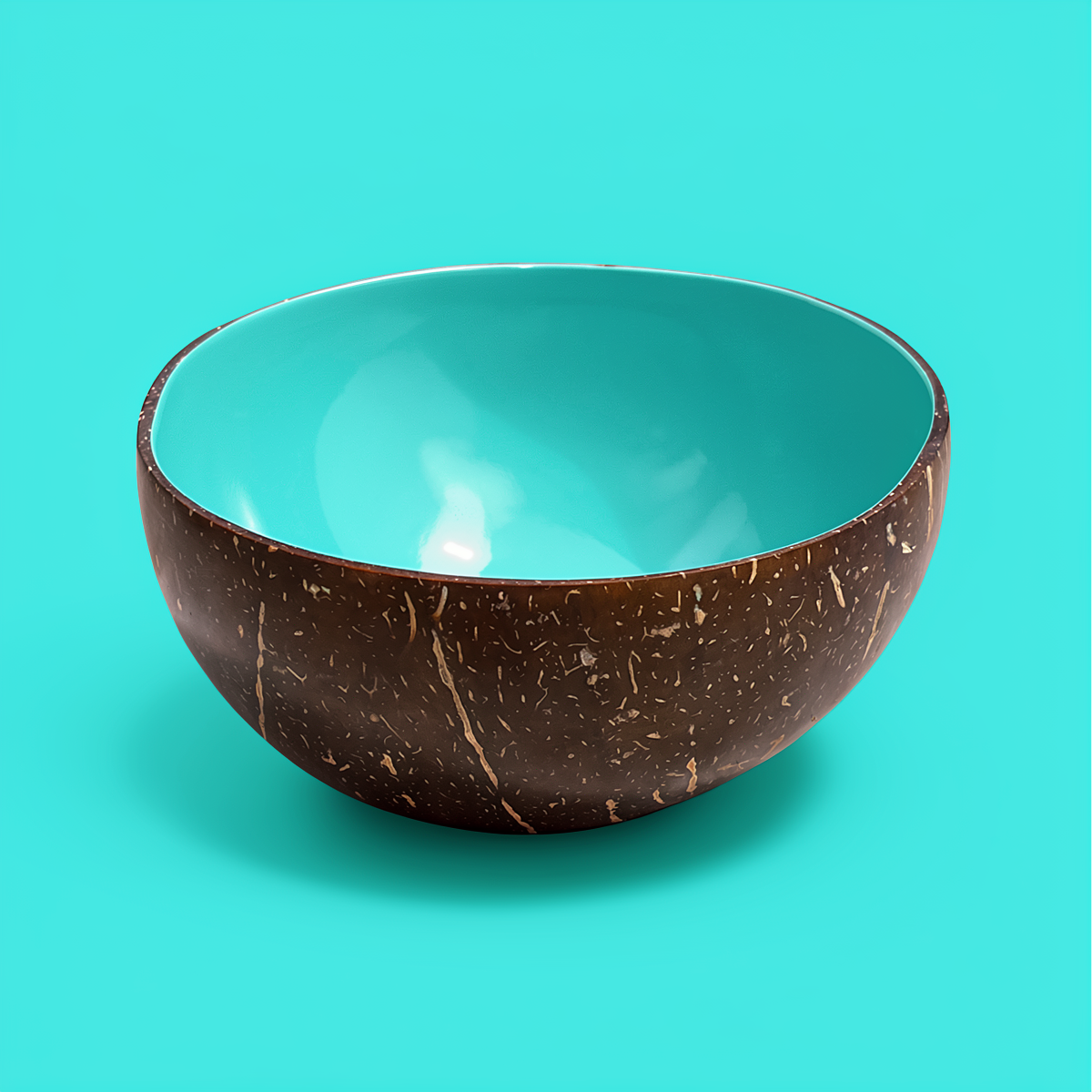Dots Coloured Coconut Bowls by TIBA-TIBA – turquoise colour coconut bowl on turquoise background. Colourful, recycled, eco tableware. 