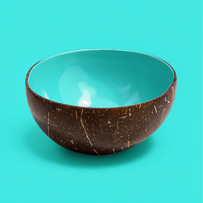 Dots Coloured Coconut Bowls by TIBA-TIBA – turquoise colour coconut bowl on turquoise background. Colourful, recycled, eco tableware. 