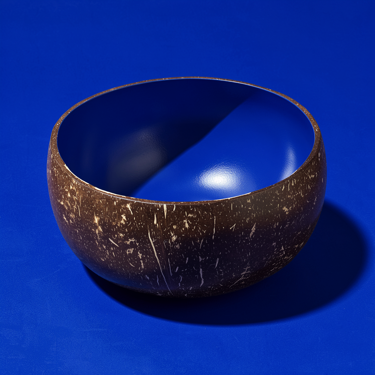 Dots Coloured Coconut Bowls by TIBA-TIBA – Navy blue coloured coconut bowl tropical dish on Ultramarine Blue background.
