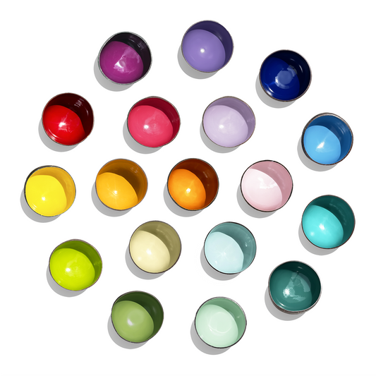 Dots Coloured Coconut Bowls by TIBA-TIBA – Geometric layout of rainbow colourful coconut bowls. High gloss, food-safe painted coconuts bowls. 