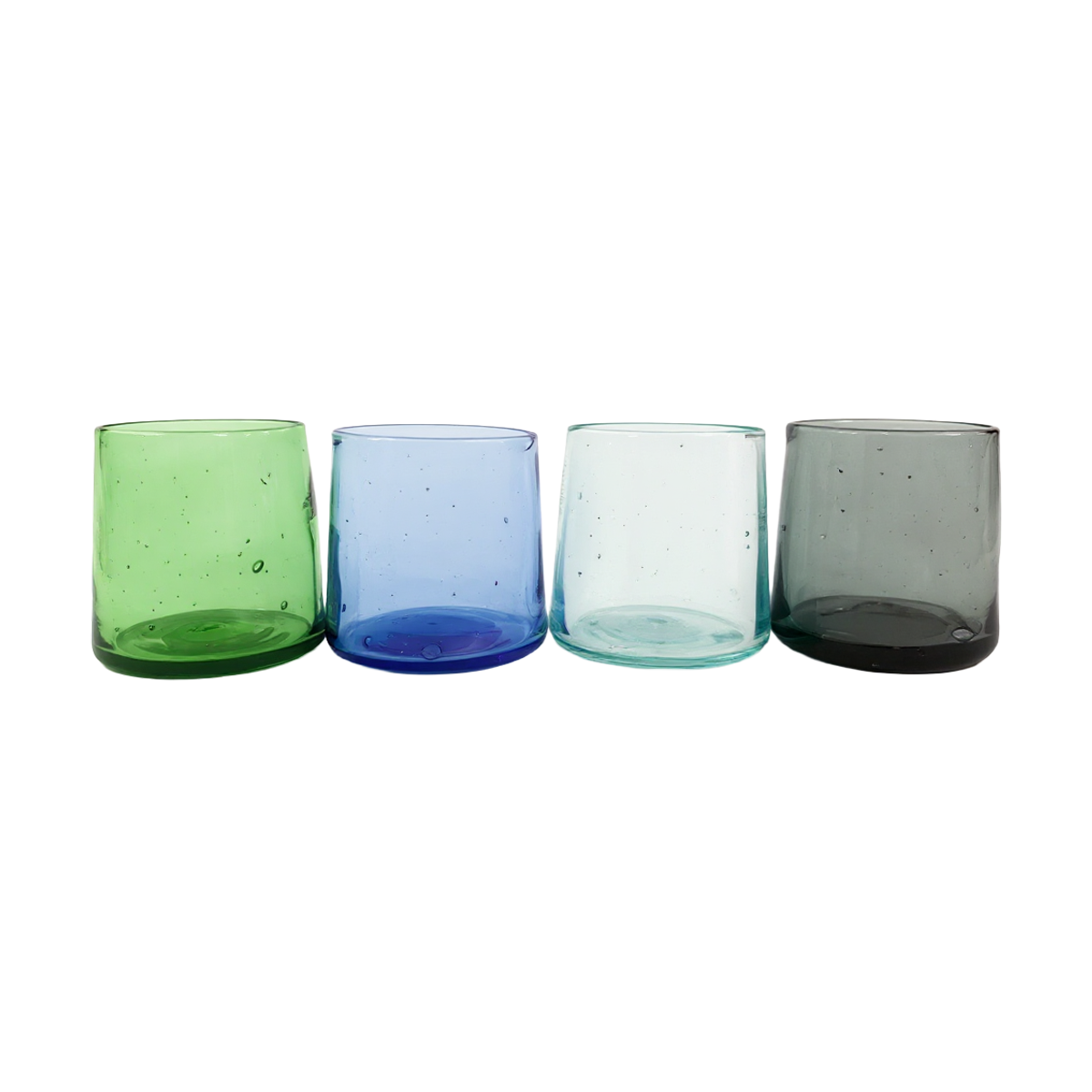Tube Short Tumblers by TIBA-TIBA – set of four hand-blown recycled glass tumblers in green, blue, smoke, and clear tones.