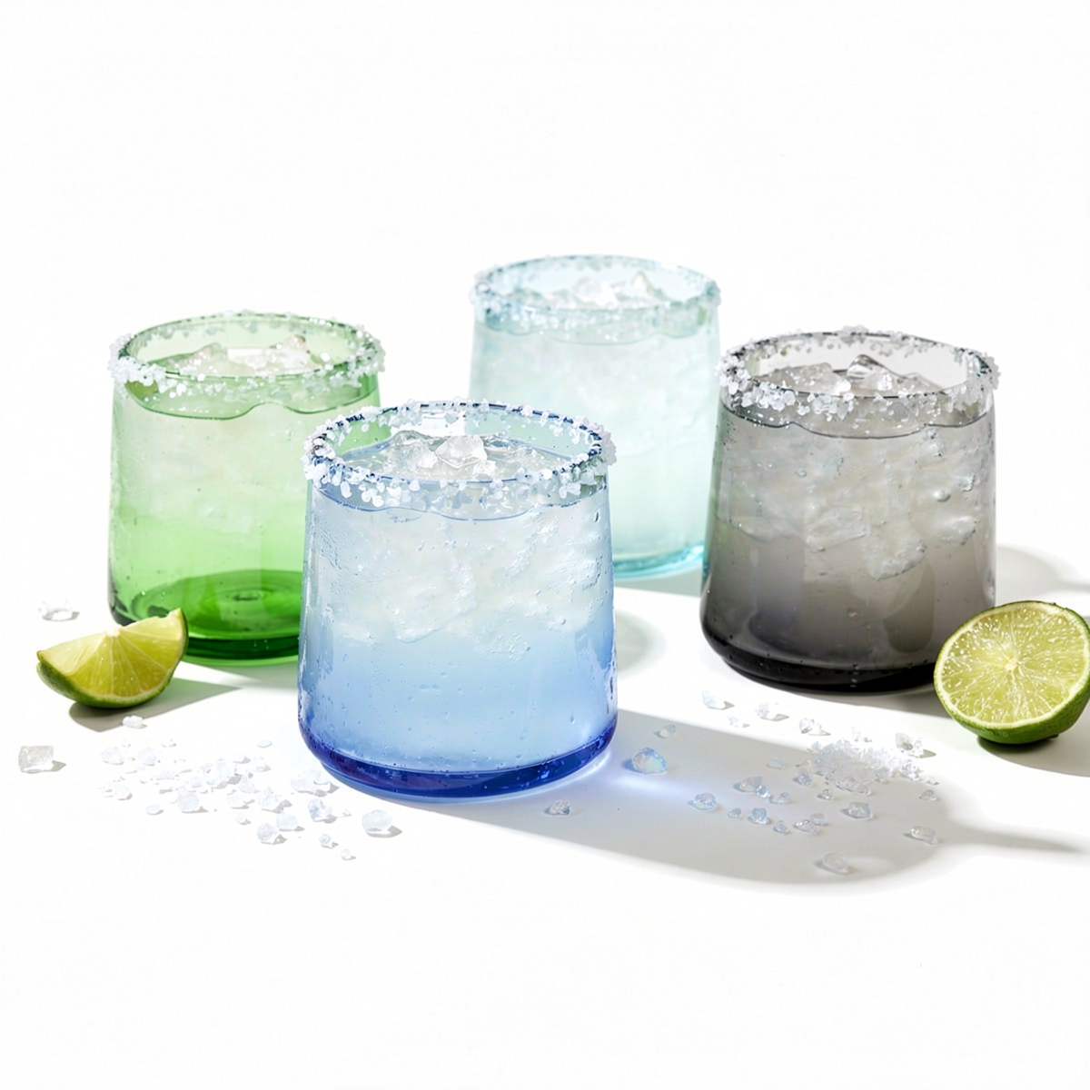 Tube Short Tumblers by TIBA-TIBA – set of four hand-blown recycled glass tumblers in green, blue, smoke, and clear filled with lime margarita with salt around the rim and some lime wedges placed around them. 