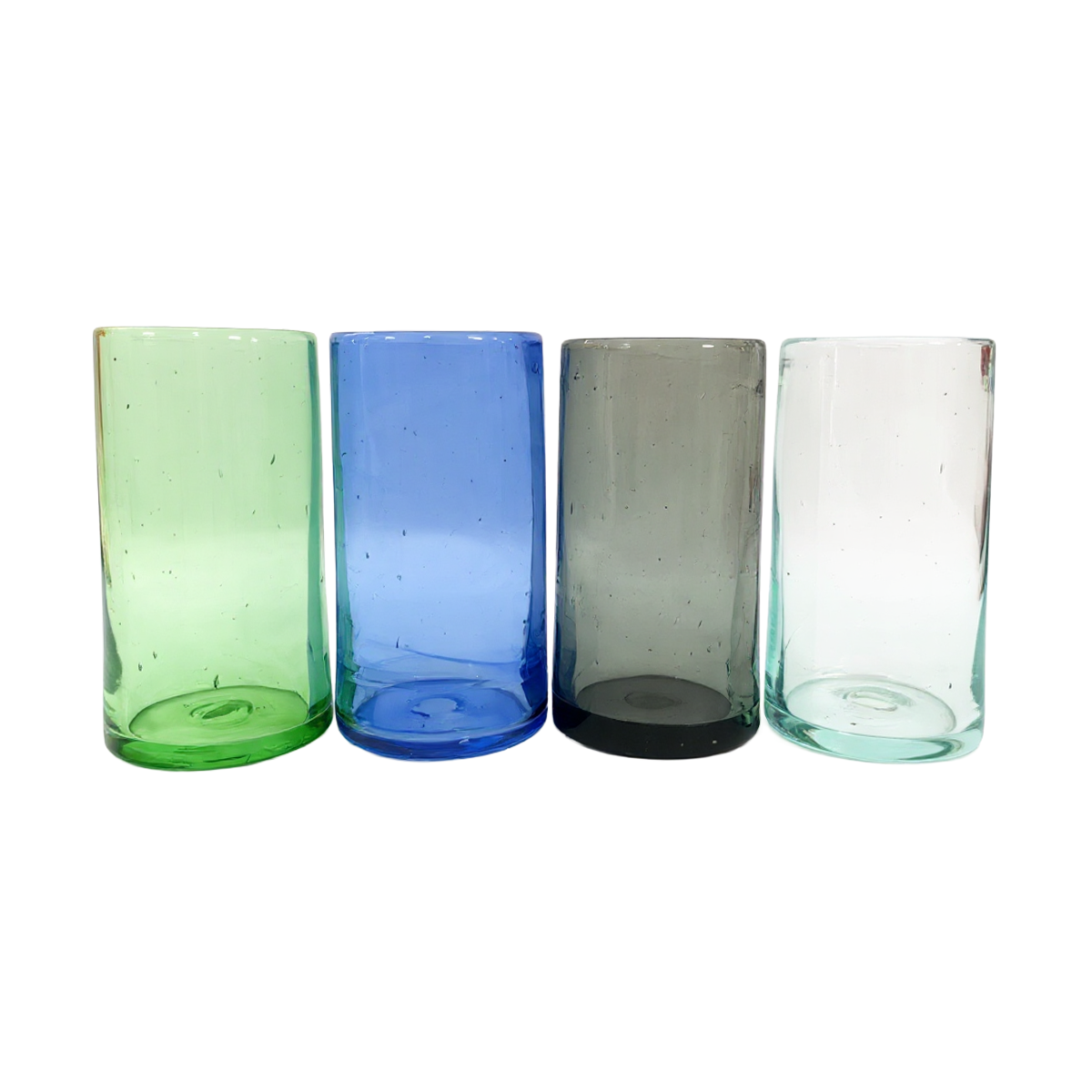 Tube Tall Tumblers by TIBA-TIBA – set of four hand-blown recycled tall cocktail glasses in green, blue, smoke, and natural colour. 