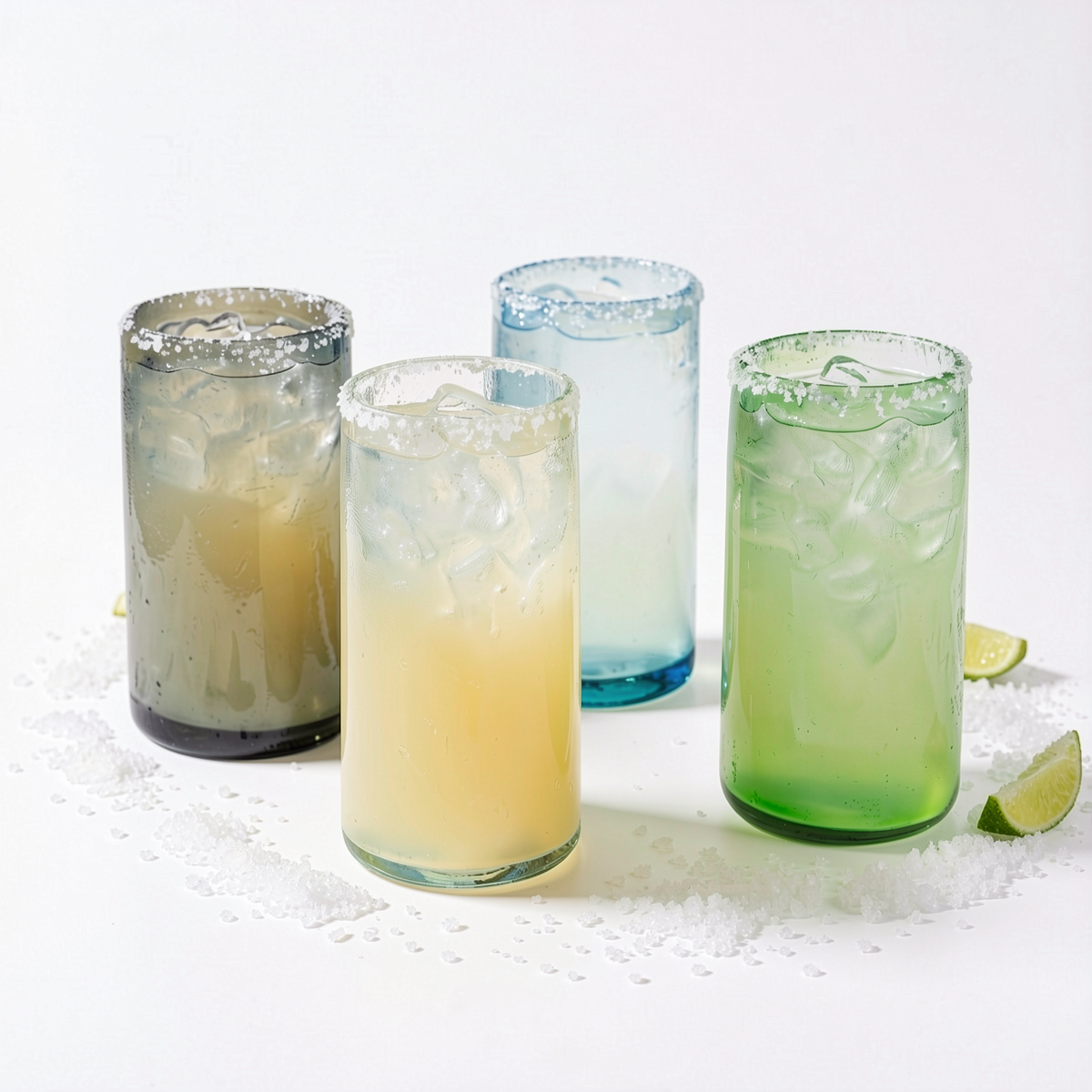 Tube Tall Tumblers by TIBA-TIBA – Bali made set of four organic shaped, hand blown, recycled coloured glasses filled with lime margaritas. The glasses have salted rims and salt and lime wedges surrounding them. 