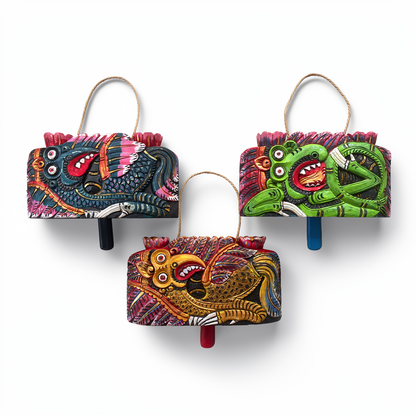 Lonceng Sapi Cowbell by TIBA-TIBA – 
Back view of set of three Solid Mahogany hand-carved Bali cowbells with Dragon and Garuda motif.