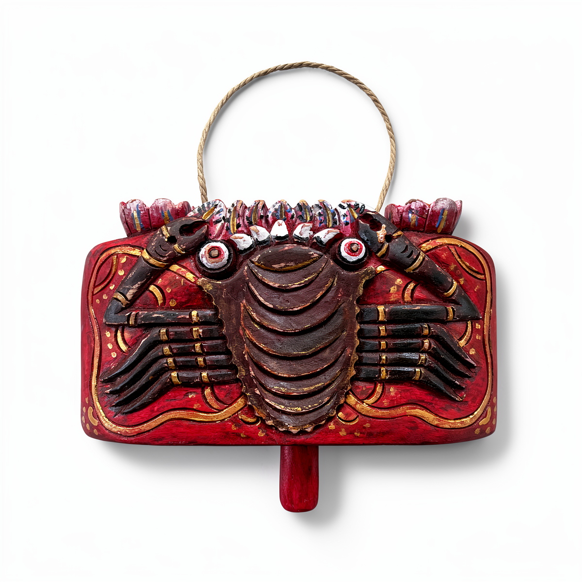 Lonceng Sapi Cowbell by TIBA-TIBA – 
Solid Mahogany Balinese artisan cowbell, outdoor hanging decoration with red crab design 
