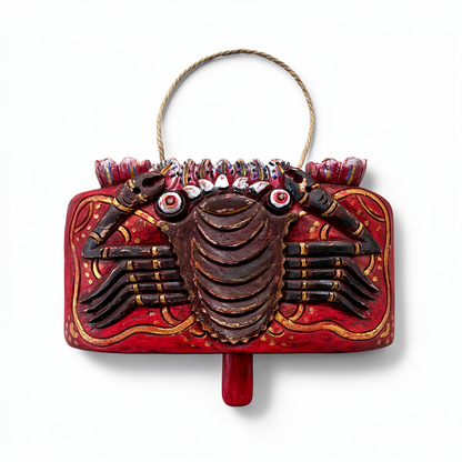 Lonceng Sapi Cowbell by TIBA-TIBA – 
Solid Mahogany Balinese artisan cowbell, outdoor hanging decoration with red crab design 