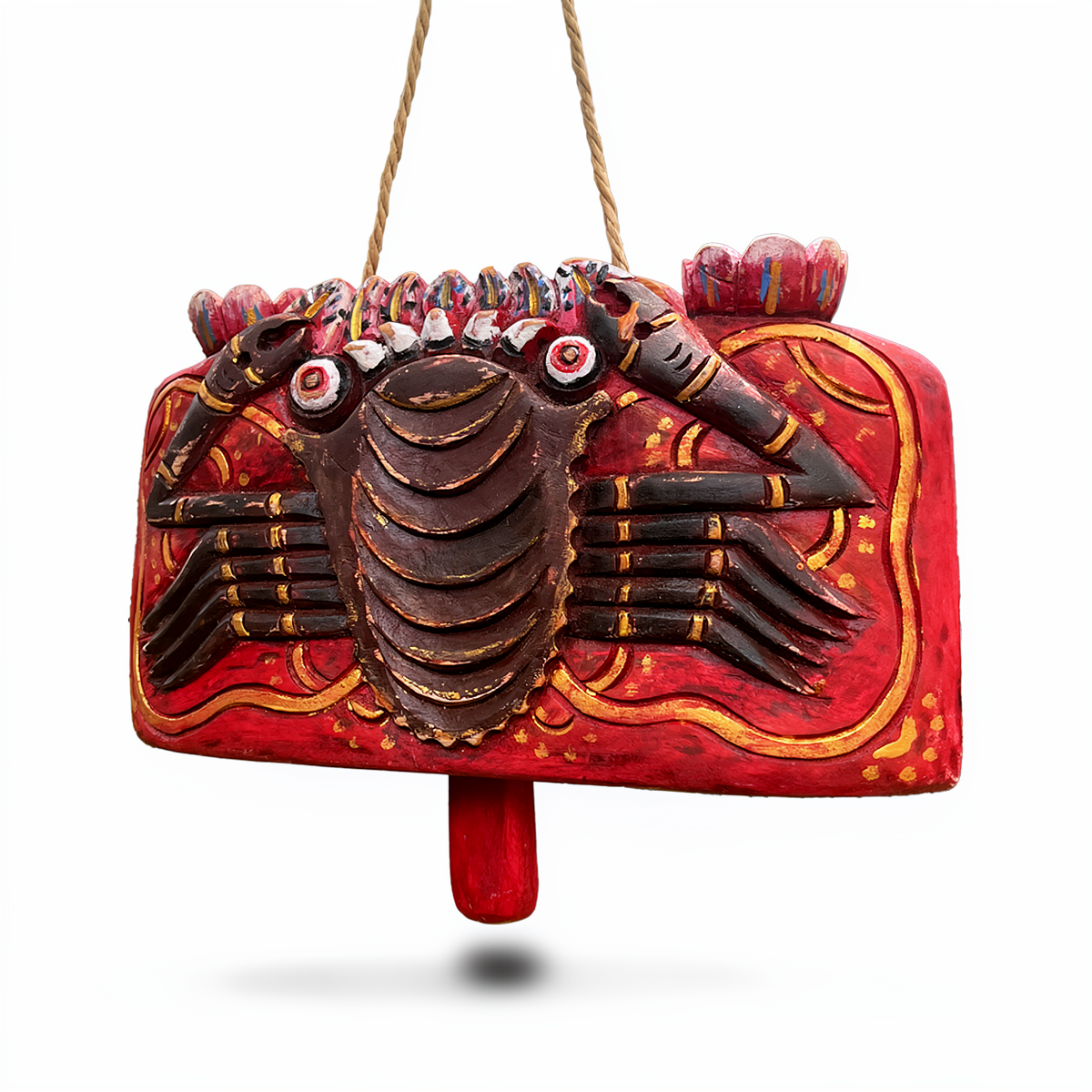 Lonceng Sapi Cowbell by TIBA-TIBA – 
Mahogany hand-carved, hand-painted cowbell wind chime with red crab design 